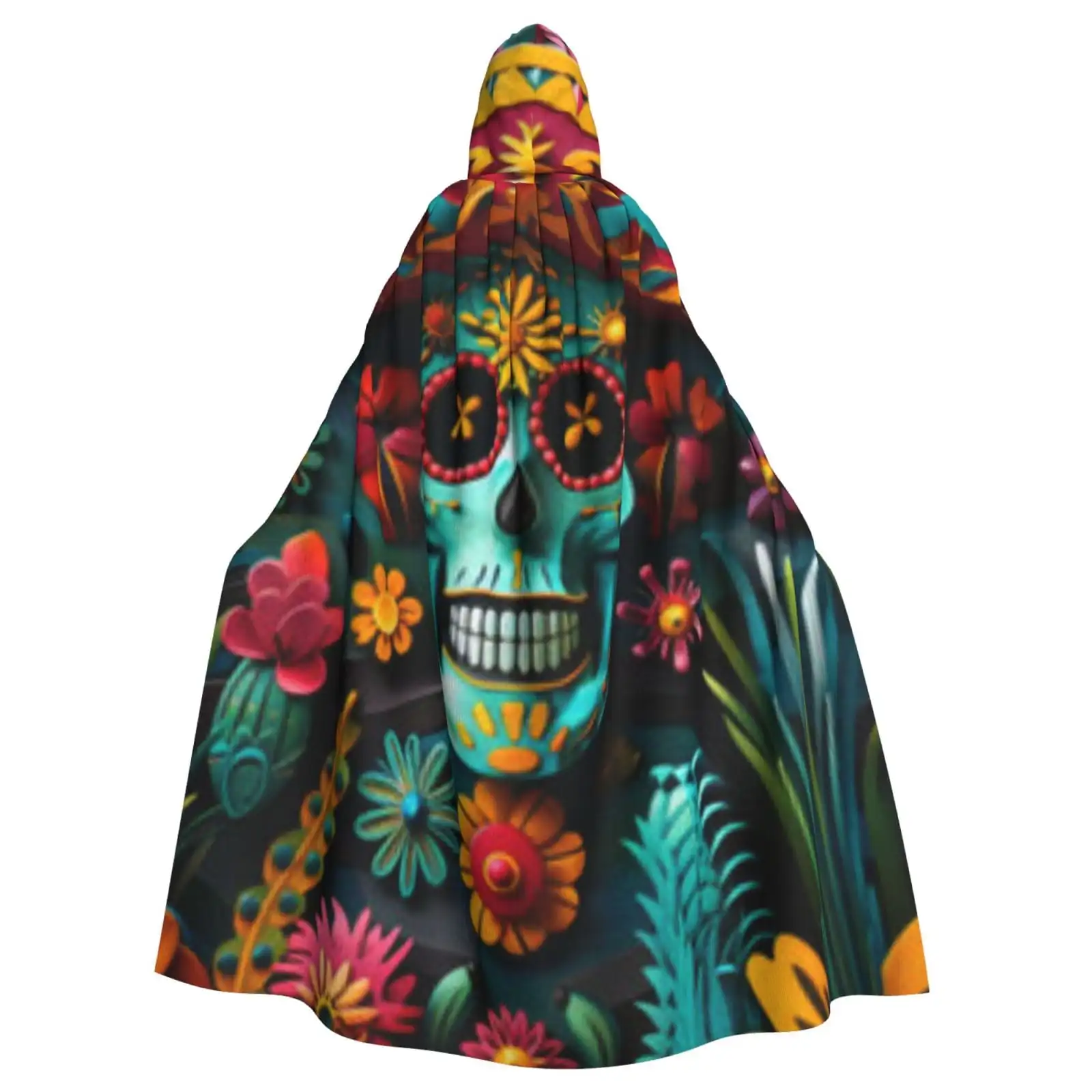 

Unisex Hooded Cloak Adult Lightweight Overcoat Mexican Folk Art Colorful Print Cloak For Halloween Cosplay Costumes