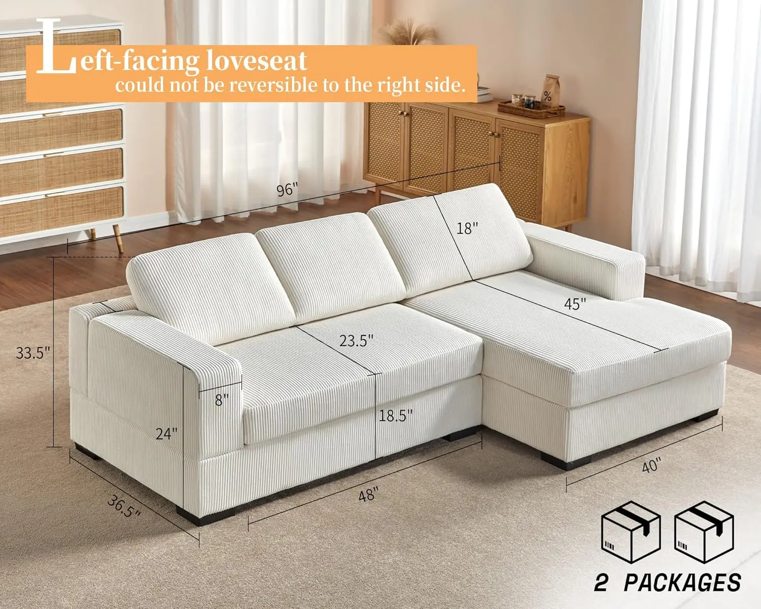 96 Inch Sofa, Comfy Couch- Oversized Sectional Sofa Couch with Chaise, Modern Sofa with Right Chaise, White Corduroy Sofa