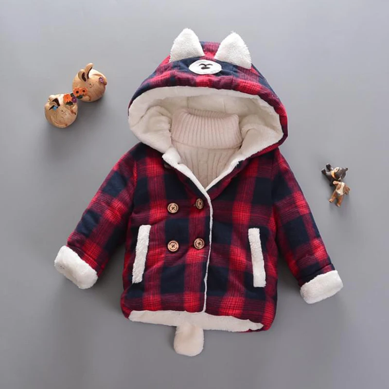 Keep Warm Autumn Winter Boys Coats Cotton Thicken Baby Jacket Fashion Plaid Hooded Children Outerwear 1 2 3 4 Years Kids Clothes