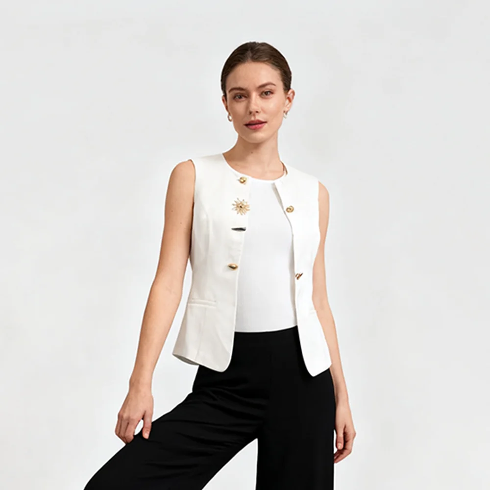 

Solid Temperament Slimming Spliced Button Vests For Women Round Neck Sleeveless Summer Designer Vest Female Fashion Style