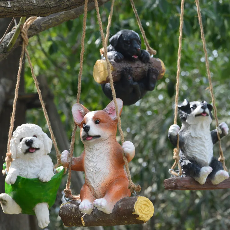 Resin Handicrafts Swinging on a Swing Cute Puppies Design including Labrador Teddy Corgi Border Collie Decoration Sculpture