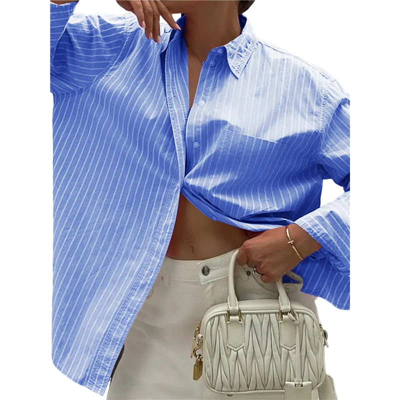 

AG-Womens Shirts Button Down Stripe Long Sleeve Blouse Fashion Casual Tops 2025