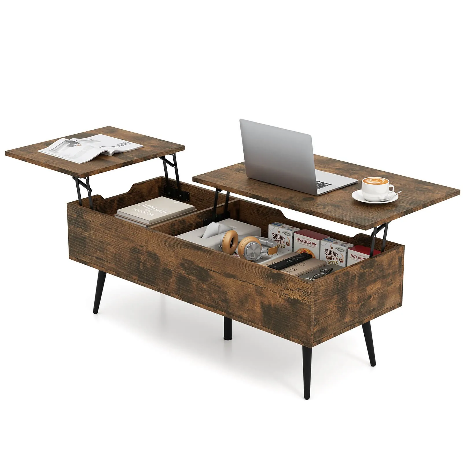 

Современный журнальный столик в стиле середины века с раздельной столешницей и 2 скрытыми отделениями