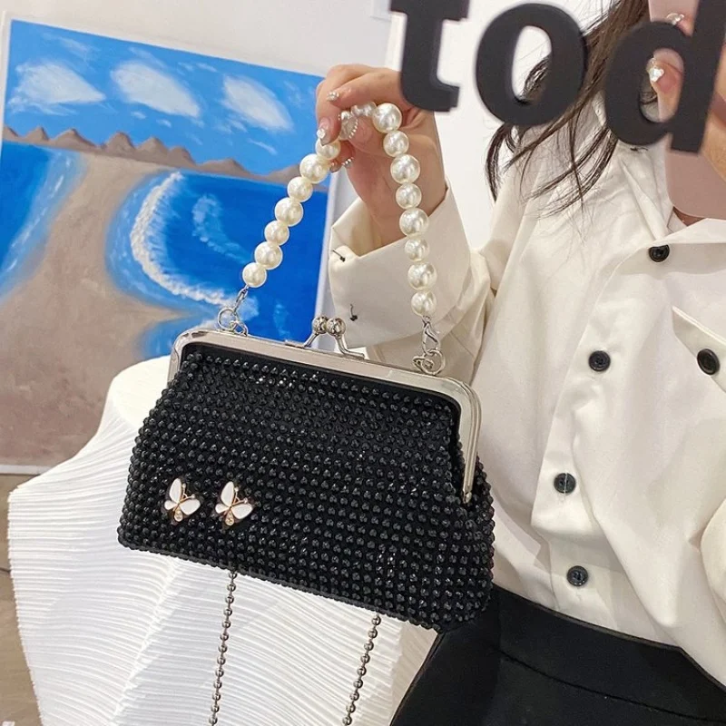 

Bright Diamond High Texture Women's Pearl Handbag, Butterfly Decoration Versatile Single Shoulder Crossbody Bag