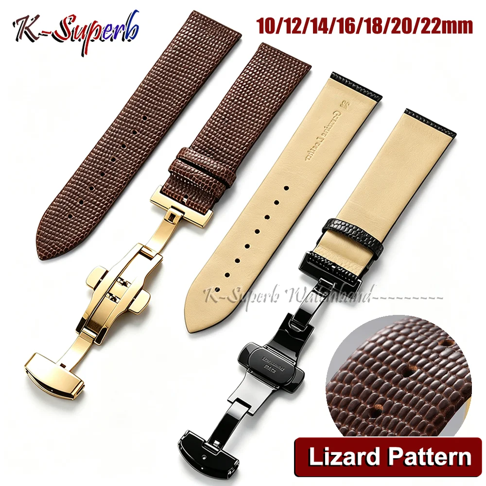 Butterfly Buckle Lizard Pattern Leather Strap 10mm 12mm 14mm 16mm 18mm 20mm 22mm Thin Watch Band Waterproof Calfskin Bracelet