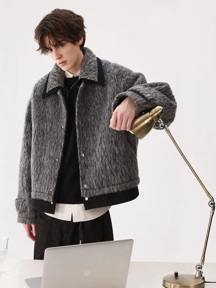Autumn Winter Men Double Lapel Jacket Contrast Color Fake Two Design Woolen Blends Jackets Loose Fit Casual Short Outerwear New