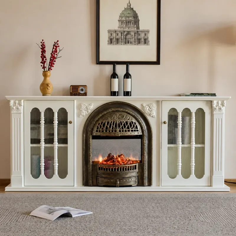 Cream White Simulated Fire Decorative Fireplace Cabinet Solid Wood TV Stand for Living Room Entrance Porch Villa Storage