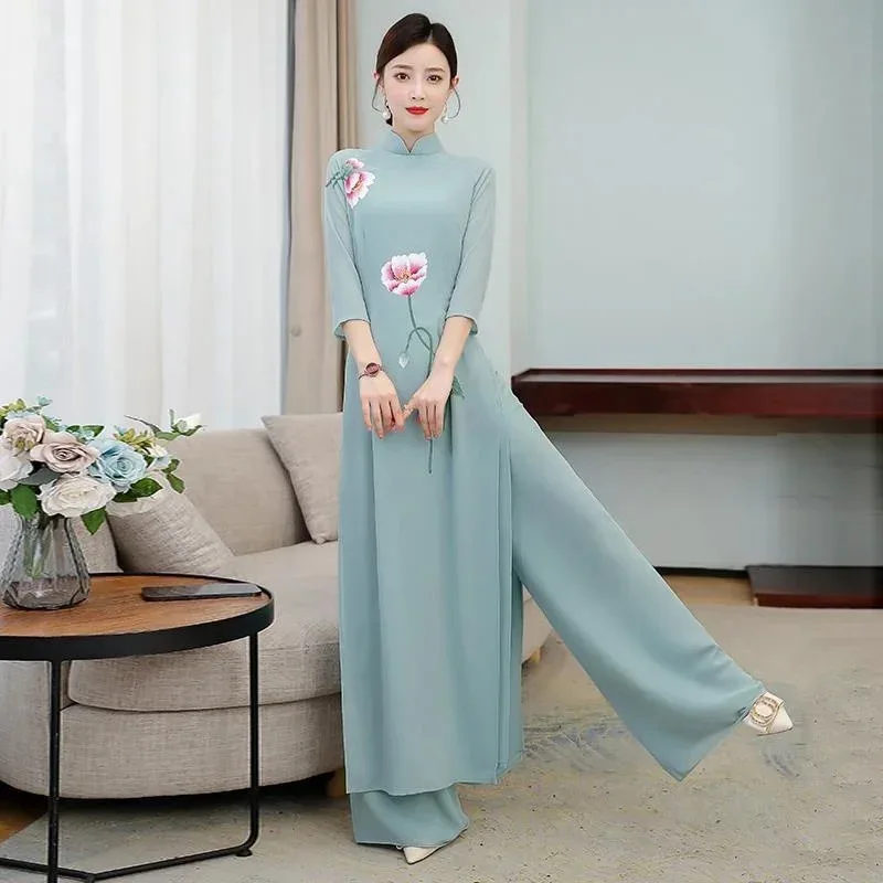 세트 두 컷 중국 스타일 여성 의류 어퍼 롱 핑크 화이트 램핑 캐주얼 Ancient My Day Ao Dai Vietnam Printed