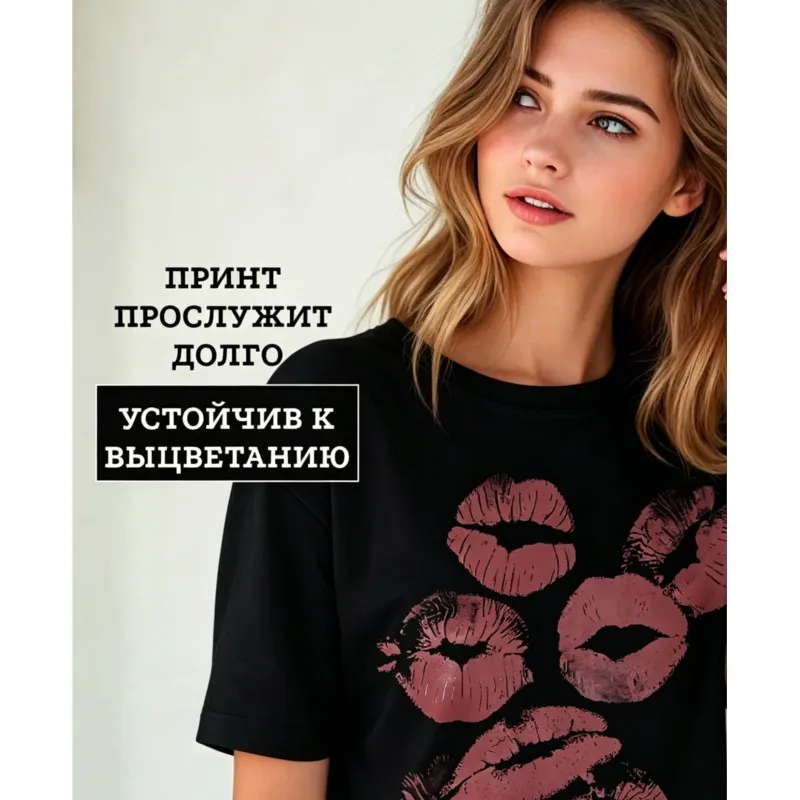 2026 Summer Cotton Women's T-shirts Print Lips High Popularity Short Sleeved Office Study Daily Life Clothes For Woman 