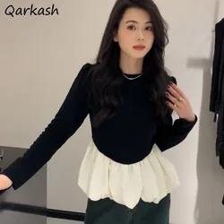 O-neck T-shirts Women Backless Ruffles Panelled Long Sleeves Sweet Girls Lovely Trendy Leisure Autumn New Korean-style Gentle