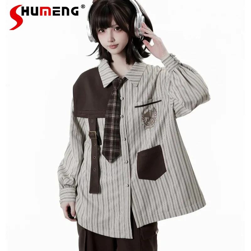 

2026 Early Spring Striped College Dress Shirt Top Slimming Casual Loose Single-Breasted Blouse Y2k Clothes Long Trousers Female