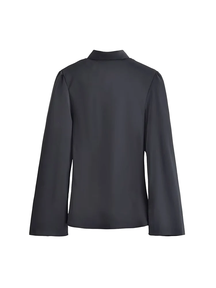 European style new women's fashion versatile elegant solid color deep V-neck satin slim-fit long-sleeved top