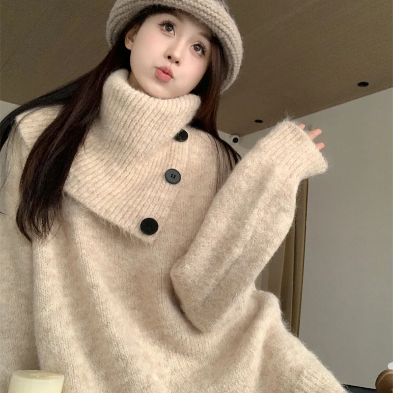 Women's Vintage Long-Sleeved Turtleneck Sweater, Warm Pullover Chic Top, Detachable Bib, Western Style, Mid-Length, Autumn, 2026