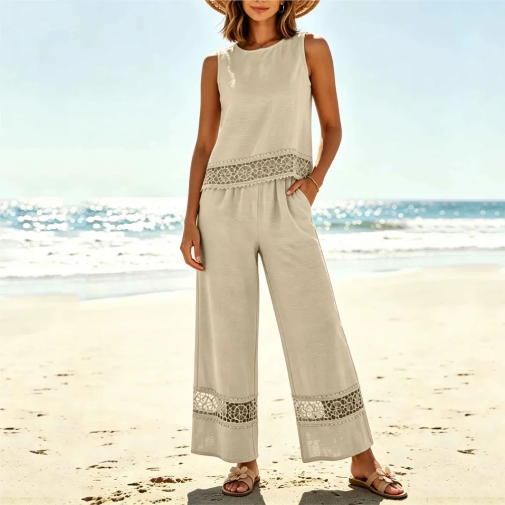 Women's Summer Fashion Lace Splicing Vest Trousers 2-piece Set Daily Casual Beach Vacation Loose Wide-leg Trousers Suit Female