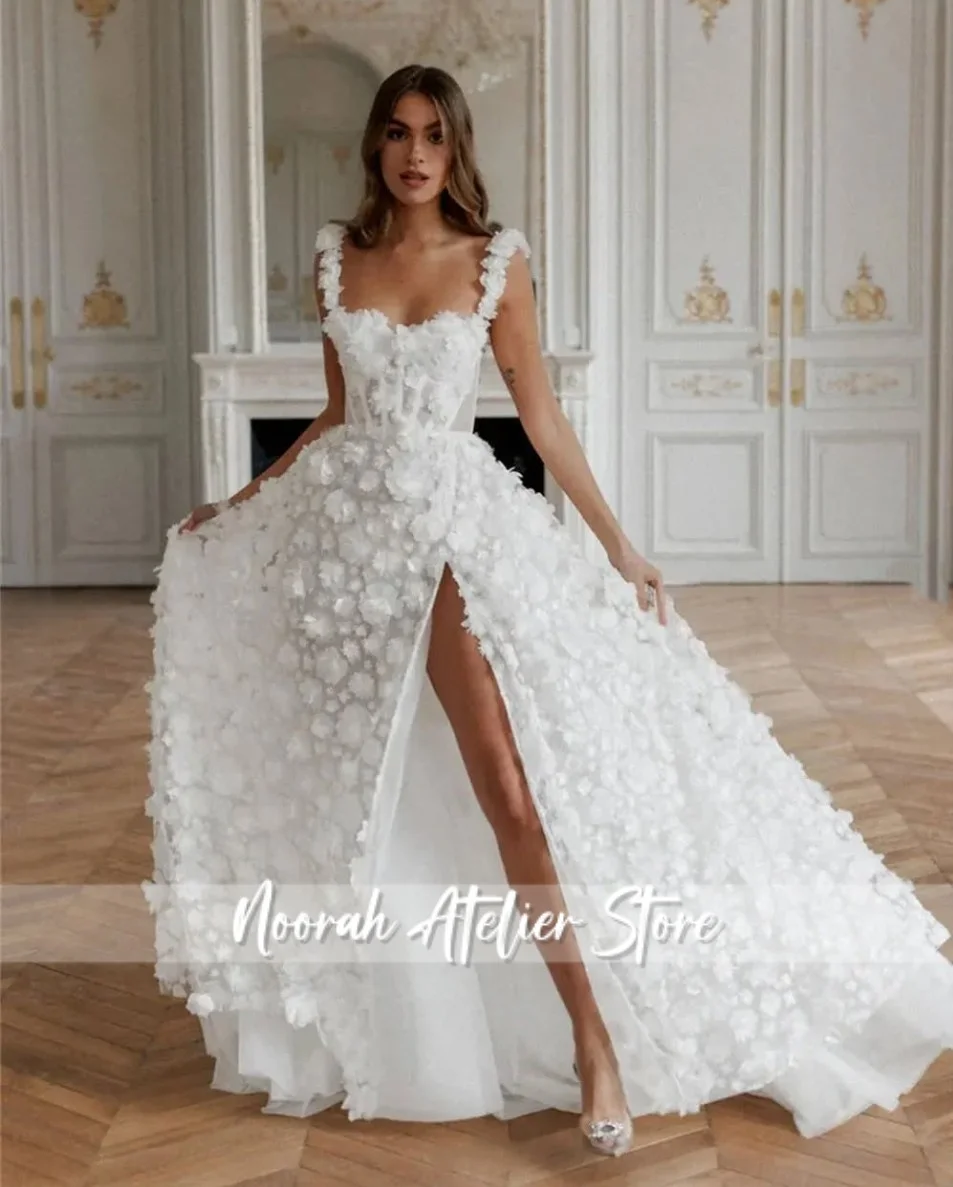 Vestido de novia personalizado con tirantes finos y flores, vestidos de noche con abertura alta para mujer, vestido de novia de celebridad de Dubái 2025