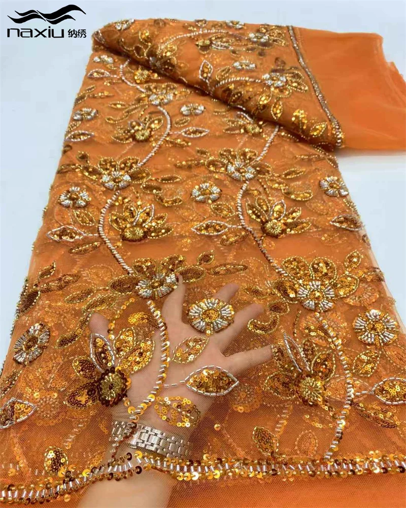 

Madison High Quality African Beads Lace Fabric 5 Yards French Nigerian Groom Sequins Lace for Wedding Party Dress Sewing