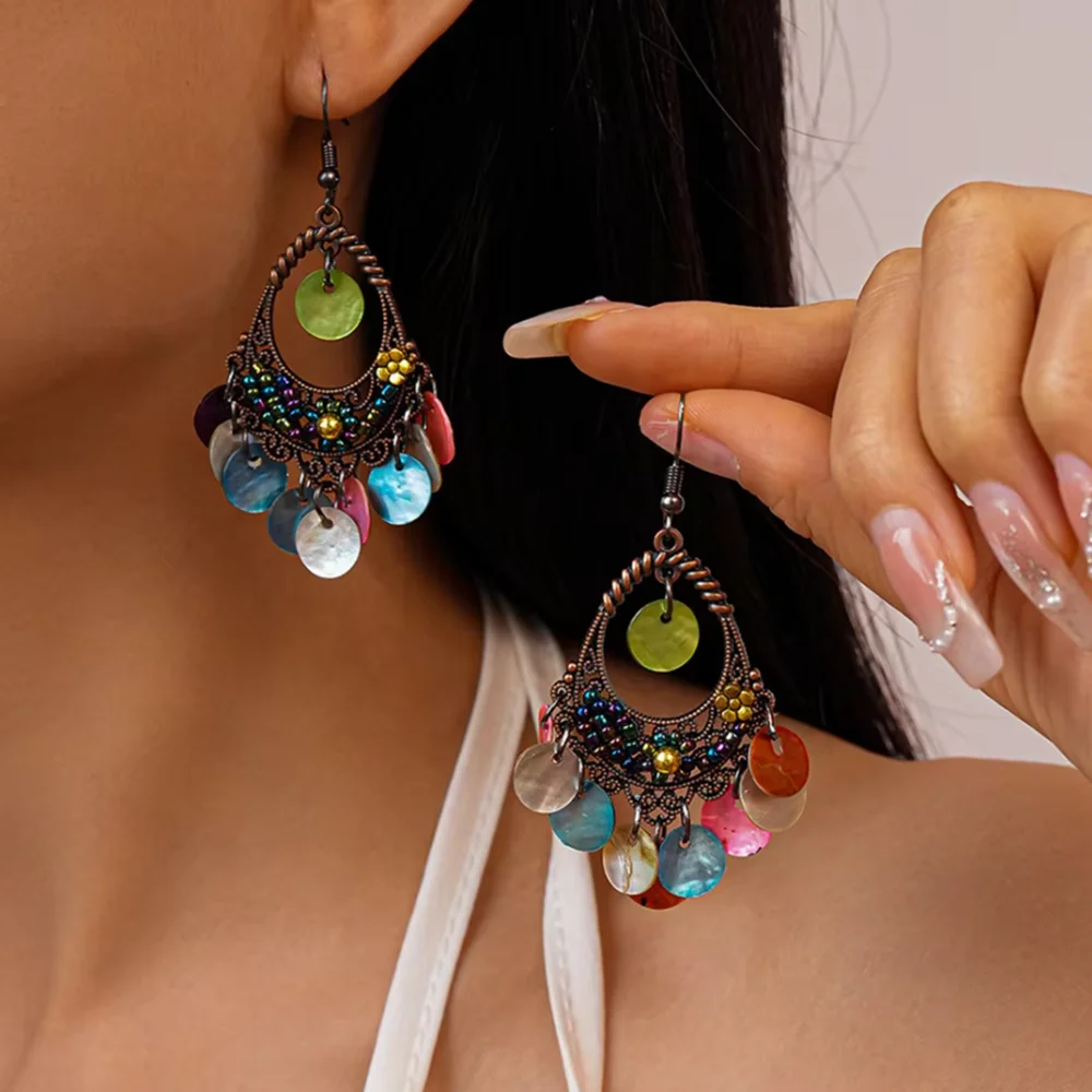 Vintage Beaded Shell Tassel Earrings For Women Anniversary Jewelry Accessories Bohemian Women Hollow-out Geometric Earrings