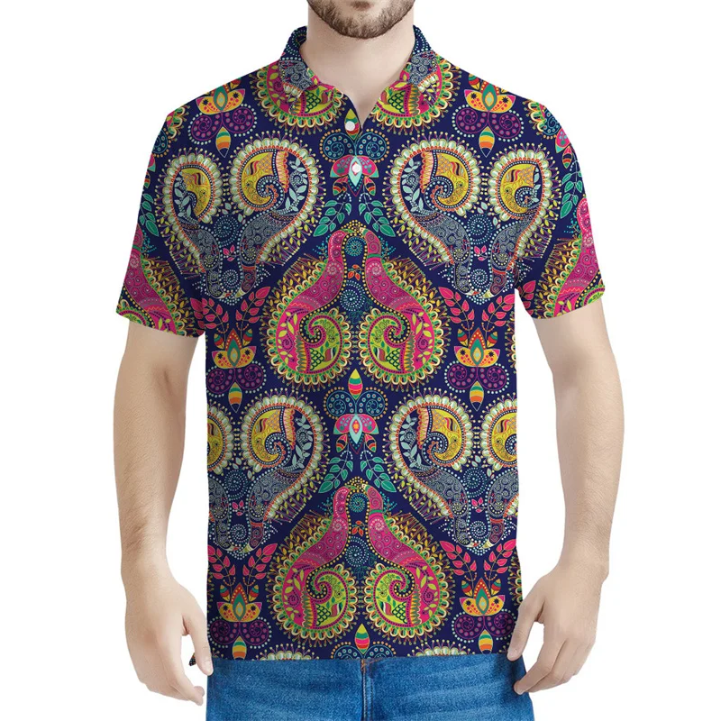 Colorful Boho Paisley 3D Printed Polo Shirt For Men Floral Pattern Short Sleeves Summer Lapel Tees Casual Button POLO Shirts