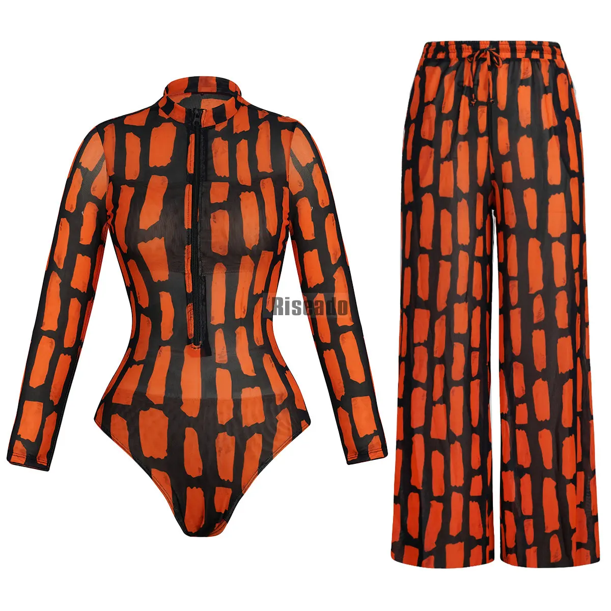 Mesh Swimsuit 2026 fashion High Waist Surfing Belly control Swimwear 2pcs Outfits Long Sleeve Top Long Pant Cover Up
