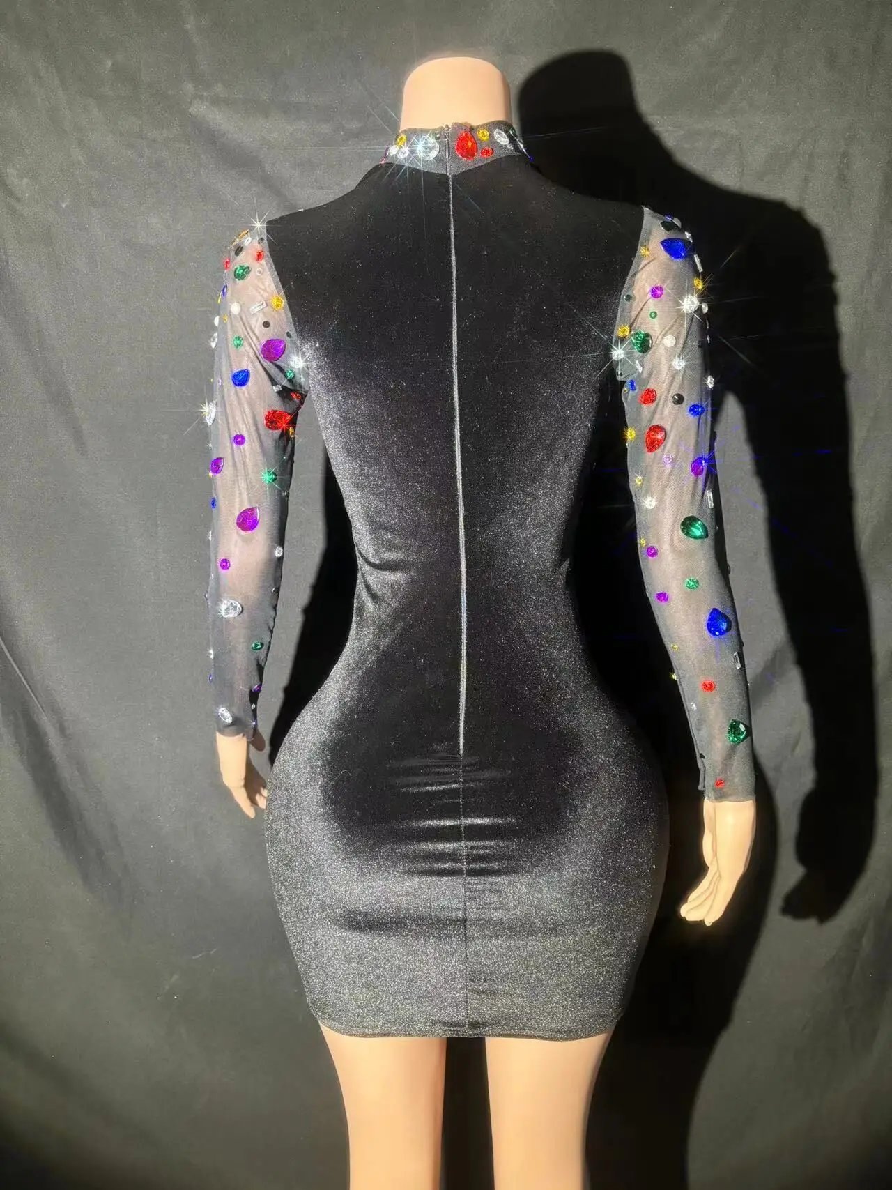 Mini robe fourreau transparente avec biscuits colorés, velours noir, tenue de scène personnalisée, robe de soirée d'anniversaire, robe de performance sexy