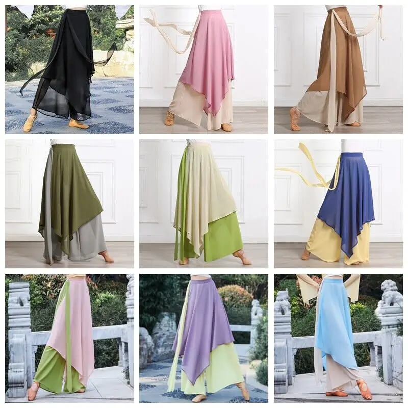 

Elegant Classical Dance Pants Women Summer Wide Leg Pants Chinese Folk Dance Loose Chiffon Ribbon Pants Harem Pants Practice