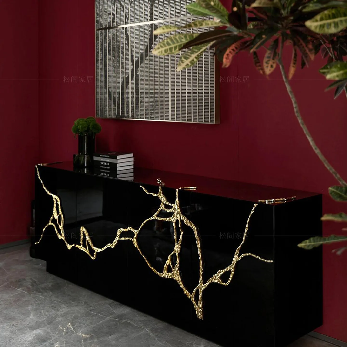 copper creative entrance cabinet, modern light luxury household floor-to-ceiling dining side cabinet integrated against the wall