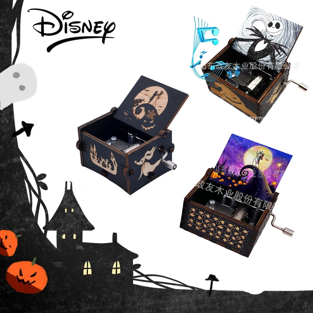 Disney The Nightmare Before Christmas Wooden Music Box Retro Engraved Horror Nights Hand-cranked Music Box Gifts for Friends