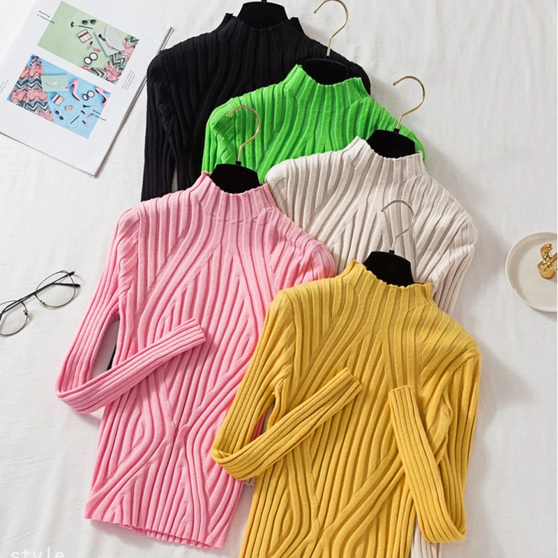 

Y2k Knitted Women Sweaters Half High Collar Slim Female Casual Pullovers Autumn Korean Elegant All Match Office Ladies Tops