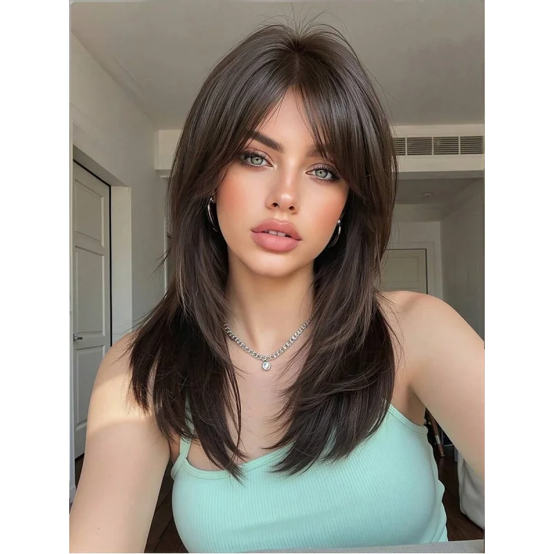 

18" Dark Brown Straight Wig With Bangs For Women, Synthetic Fiber, Rose Net Cap, Heat Resistant, Ideal For Gifting & Daily