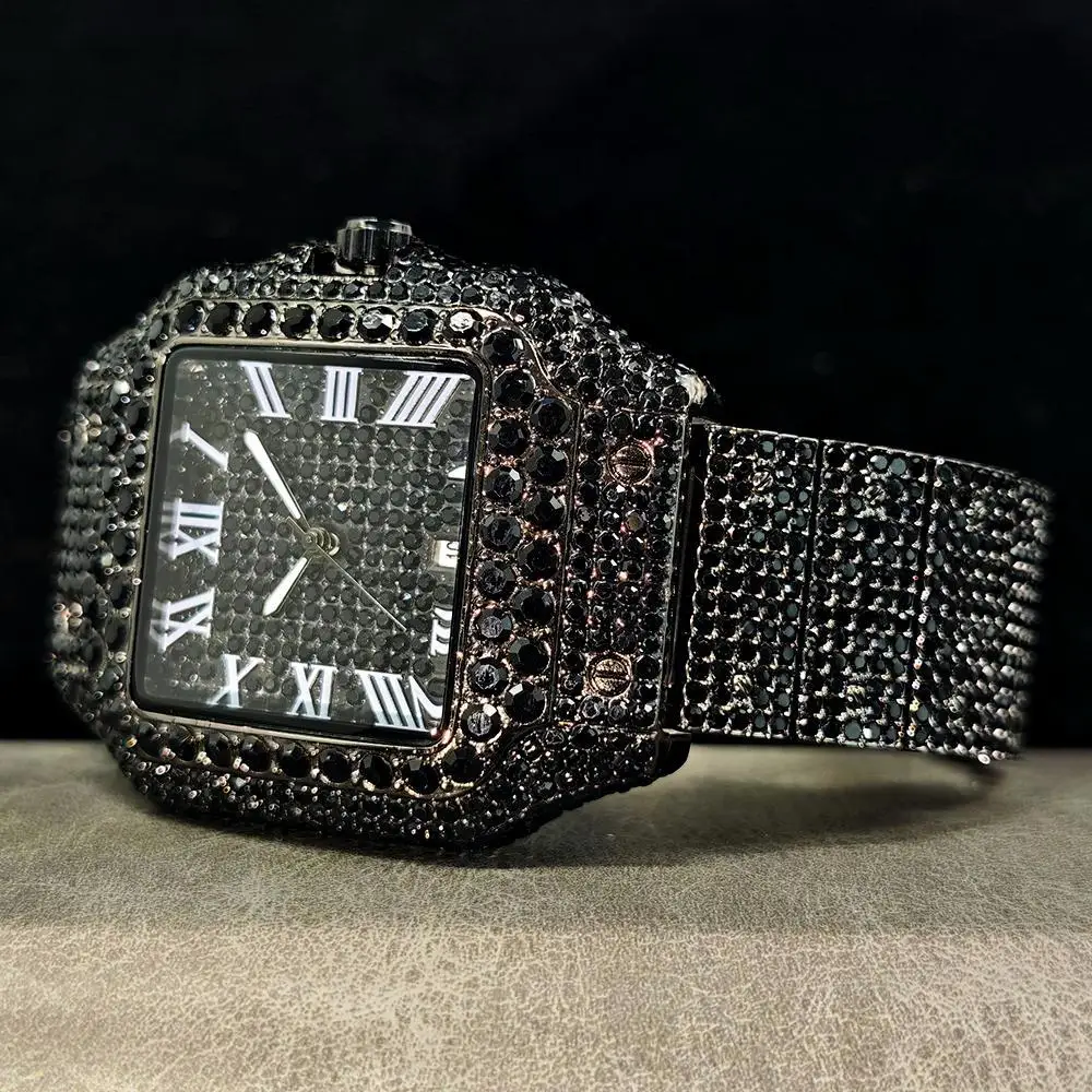 Cool Black Ice Watch For Men Brand UNIGUET Luxury Stainless Steel Quartz Timepiece Man Hip Hop Diamond Square Wristwatch New - Image 2