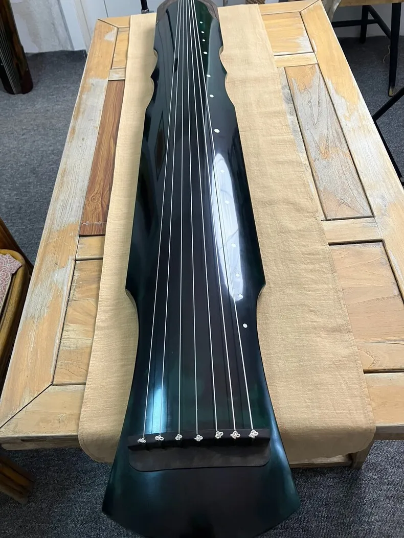Full Raw Lacquer Guqin, Dark Green, Traditional Chinese 7 String Stringed Musical Instrument