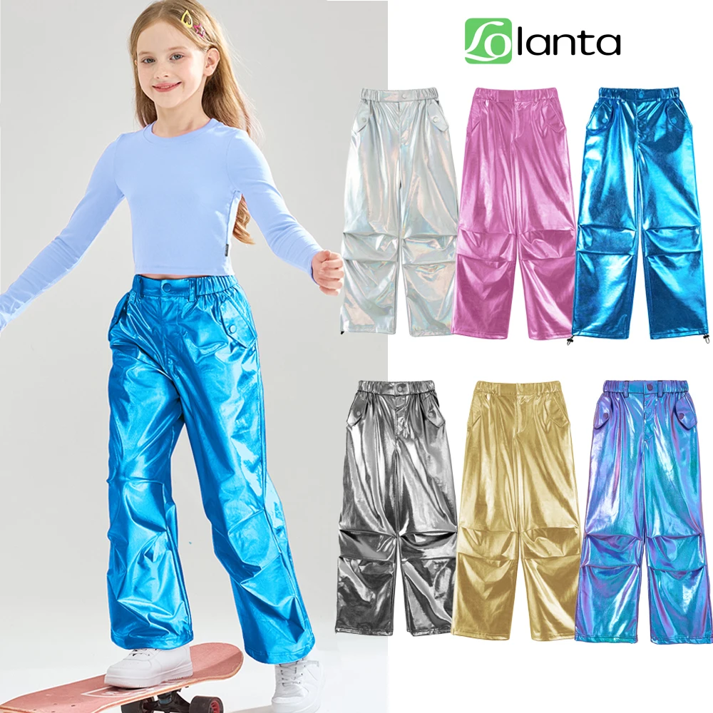 LOlanta Girls Metallic Jogger Pants Kids Shiny Jazz Street Hip Hop Dance Pants Convertible Leg Opening 6-13Years
