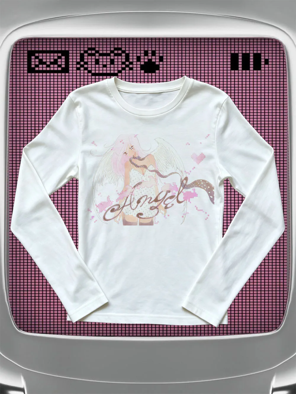 Pastel Kawaii Angel Wing Graphic Long Sleeve Tee Vintage Pixel Aesthetic Anime Letter Print Ladies Slim Top