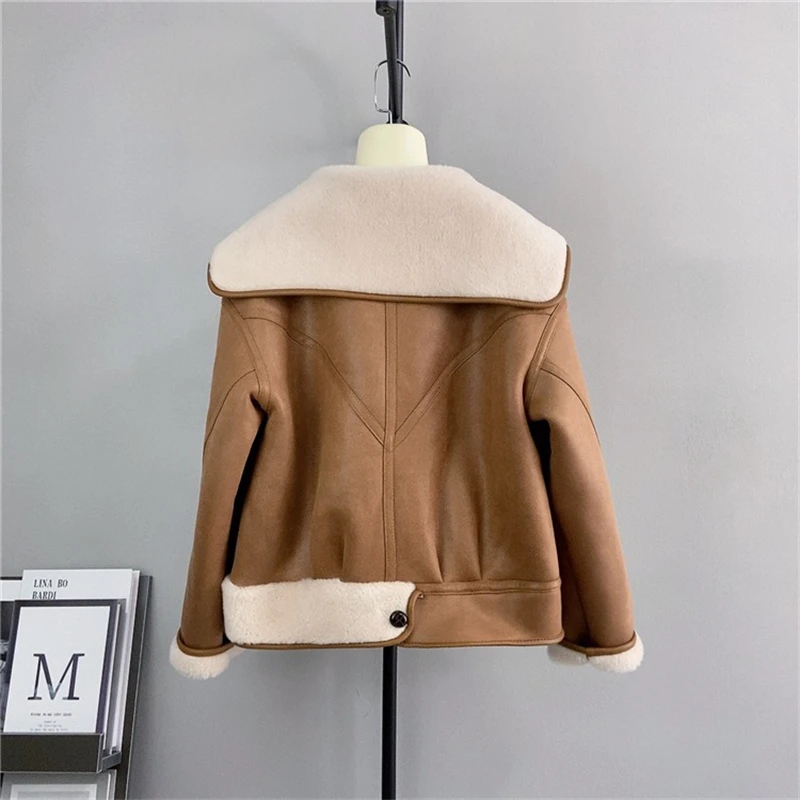 Female Pure Wool Splicing Navy Collar Suede Jacket Women Sheep Shearling Short Warm Coat PT451