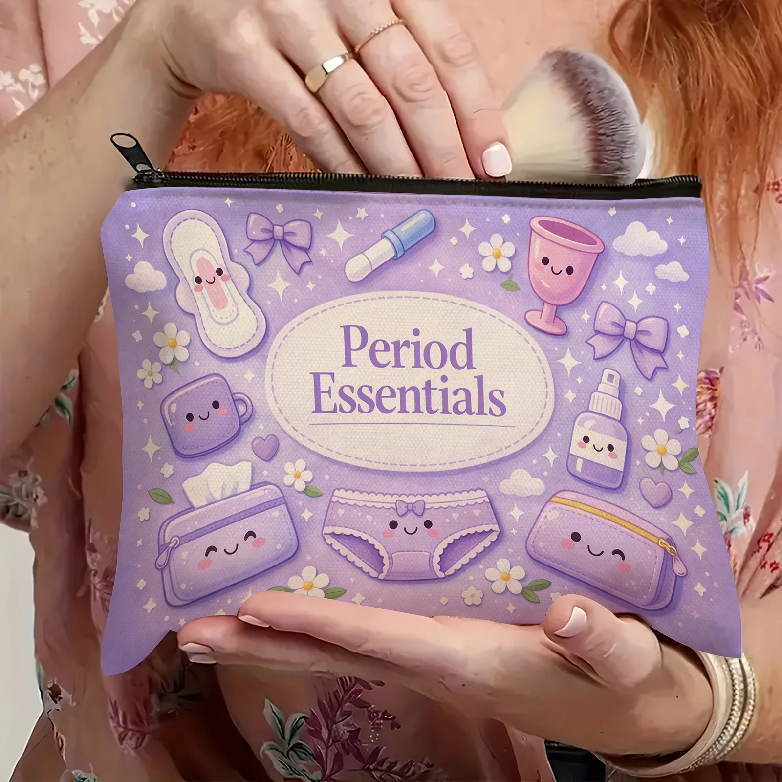 Essential Period Organizer Bag, Cute Cartoon Pads Pattern Makeup Bag, Travel Washbag Multi-Functional Storage Bag Gift for Women