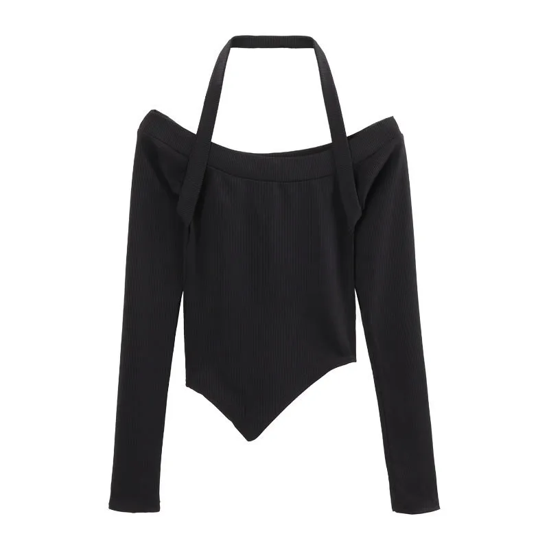 2024 Sexy Halter Off Shoulder Crop Tops Woman Long Sleeve Black Kpop Y2K T-shirt Women Slim Sexy Vintage Tee Shirt New Autumns