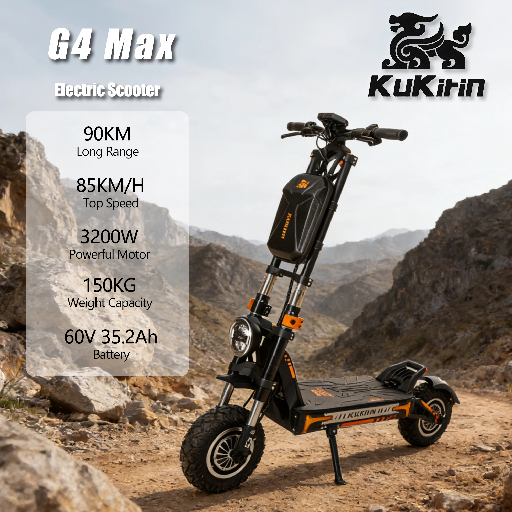Hulajnoga elektryczna terenowa KuKirin G4 Max, silnik 2*1600W, 60V 35.2Ah, maksymalny zasięg 95 km, prędkość 86 km/h, składana, typu kick scooter.