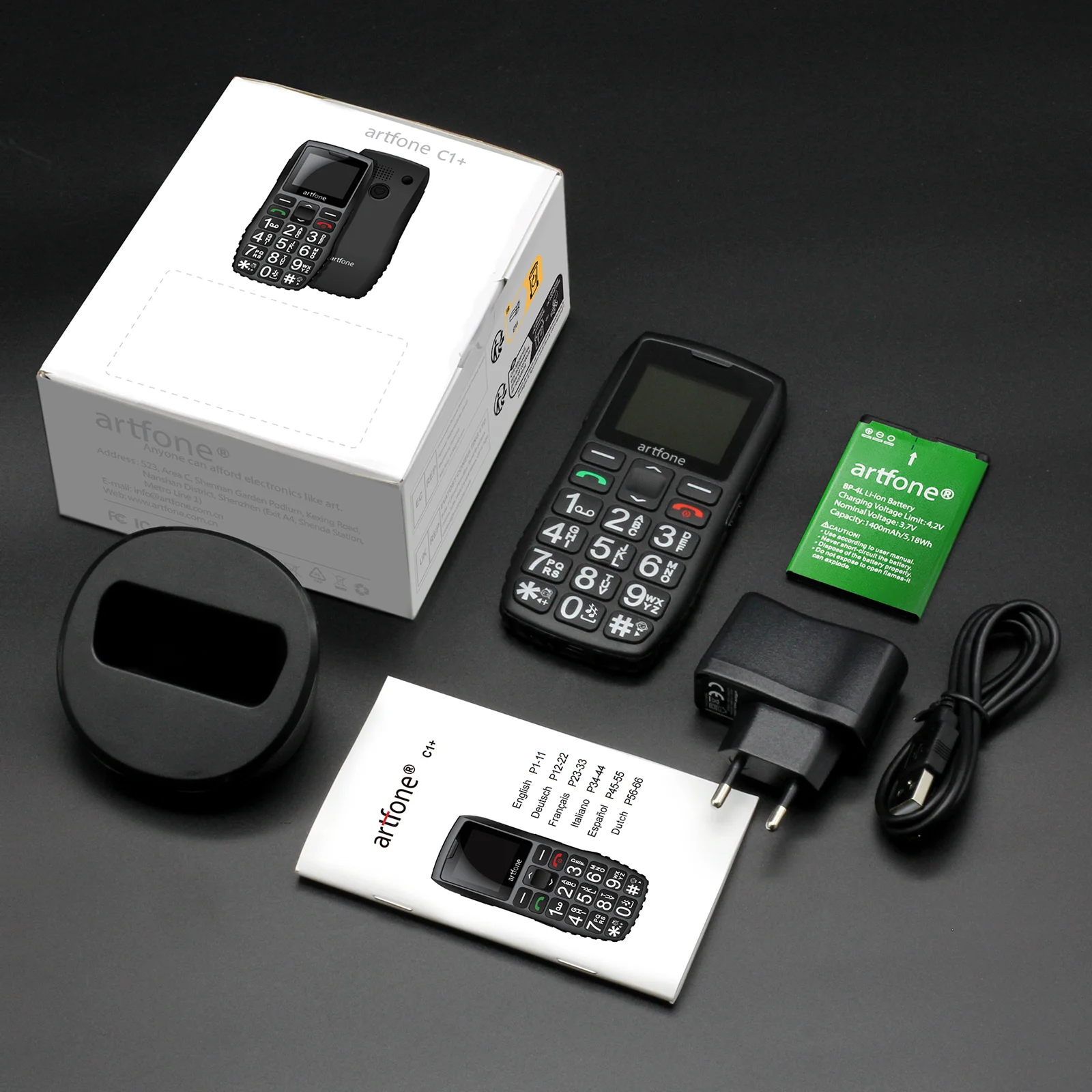Artfone C1+، هاتف محمول 2G لكبار السن، هاتف أساسي، شريحة مزدوجة، زر SOS، خط كبير، قاعدة شحن، بطارية 1800 مللي أمبير في الساعة