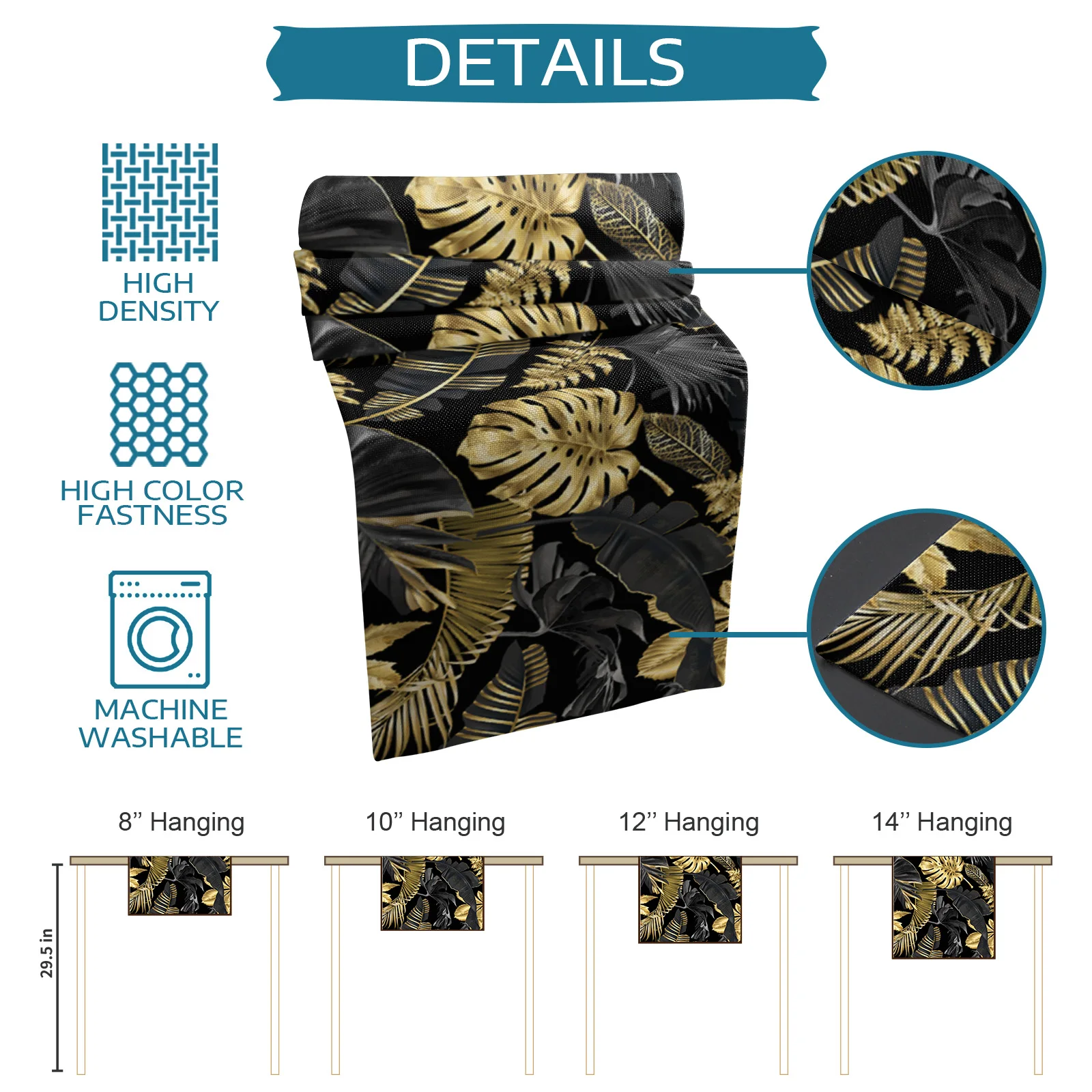 Golden Leaves Black Background Linen Table Runners Kitchen  Decoration Washable Farmhouse   Wedding Party Decor