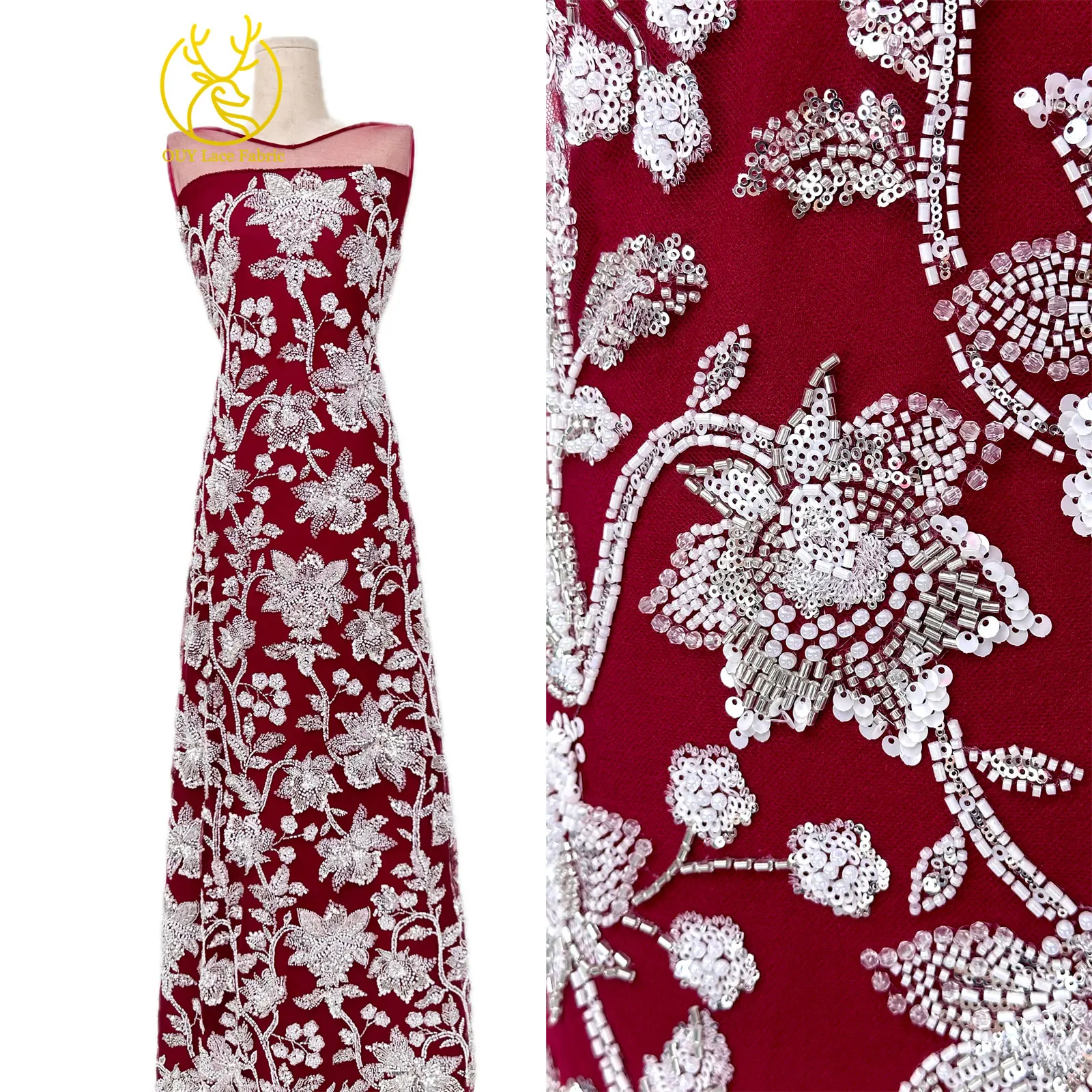 5 Yards Hochwertige Afrikanische Bräutigam-Perlenstickerei Luxuriöser Maßgefertigter Nigerianischer Französischer Pailletten-Tüllstoff für Damen Neues Abendkleid – Detail 5