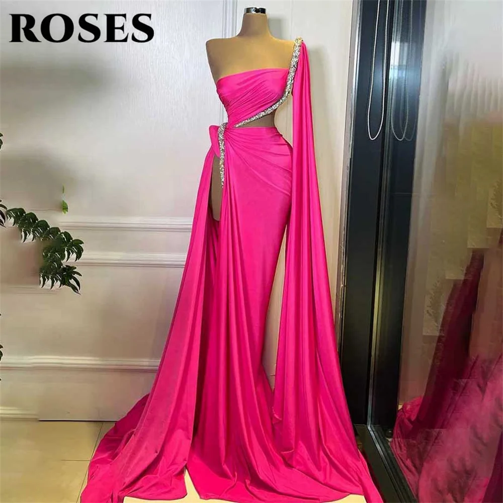 

ROSES Pink Evening Dresses One Shoulder Mermaid Party Dress with Pleats Satin فساتين مناسبة رسمية Strapless Split Prom Dresses