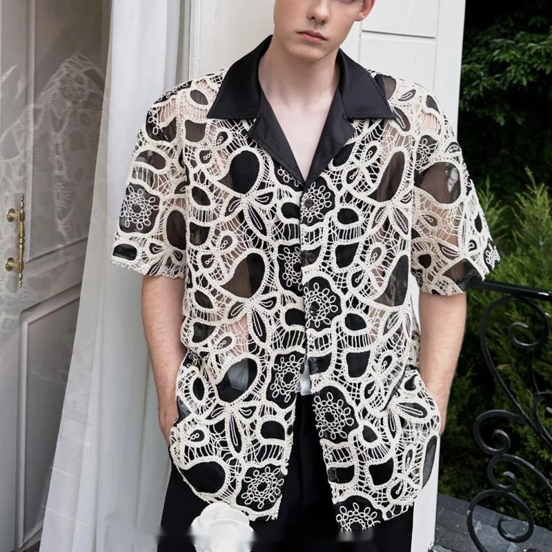 WVGA New Men Tide Niche High-End Design Mesh Hollow Out Short Sleeve Shirts Chic Casual Fashion Turn-Down Collar Tops Ins W17986
