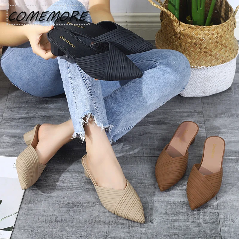 Fashion Korean Style Pointed Toe Toe Toe Casual Slippers for Women Elegant Middle Heel Jelly Sandals Beach Shoes Comfort Outside