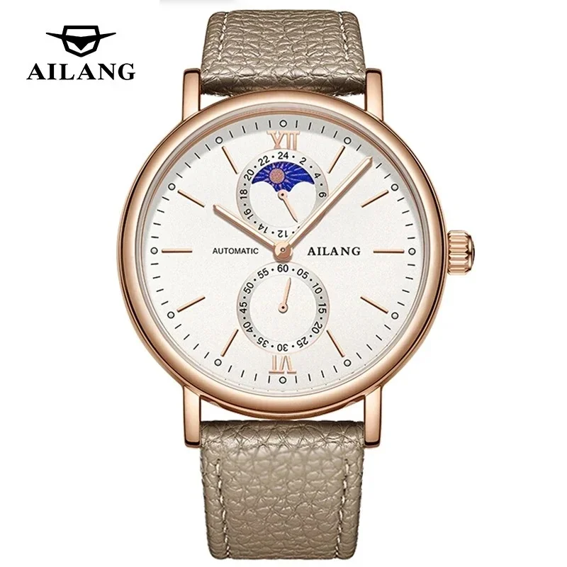 AILANG-6002 Men's Automatic Mechanical Watch Rose Gold Case Moon Phase Display White Dial Grey Genuine Leather Strap for Busines