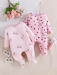 Pink Cat Love Crew Neck Climbing Suit Newborn Baby Sweet and Cute Long-sleeved Two-piece Onesie