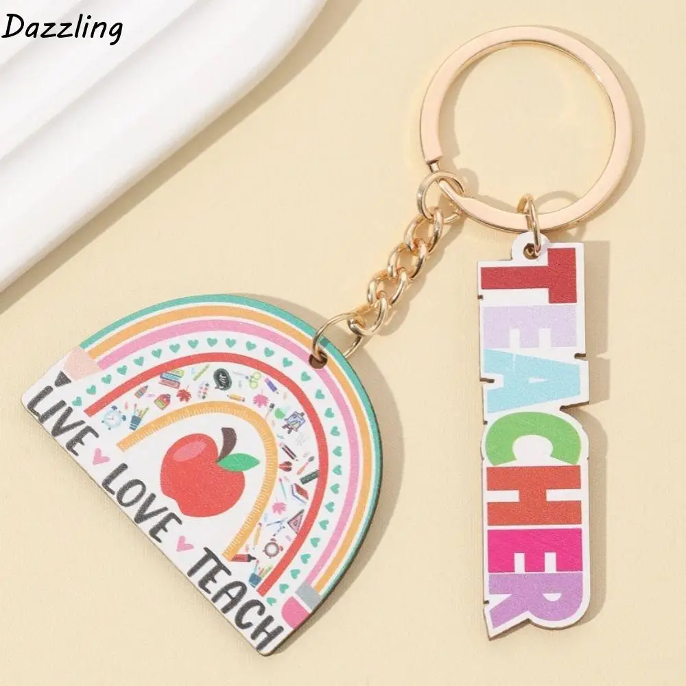 

Wooden Teacher's Day Keychain Geometric Shape Charm Text Keychain Pendant Rainbow Colorful Pen Holder Key Ring