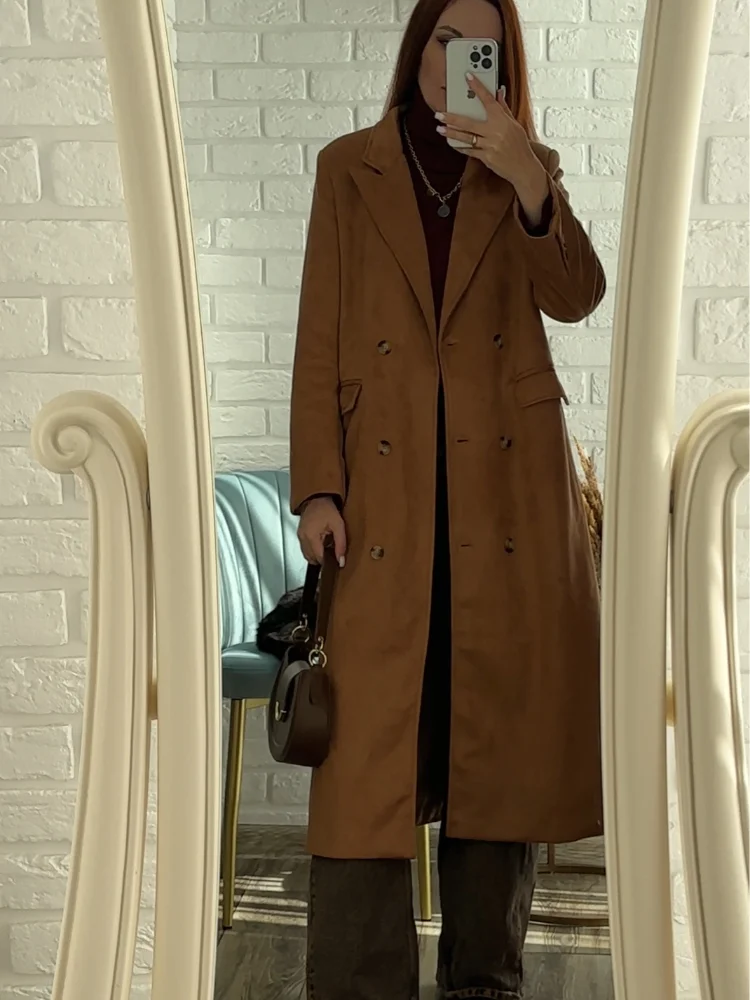

Women Elegant Suede Leather Long Windbreaker Coat Chic Double Breasted 2025 Autumn Winter Outwears Lady Oversized Coats JA095