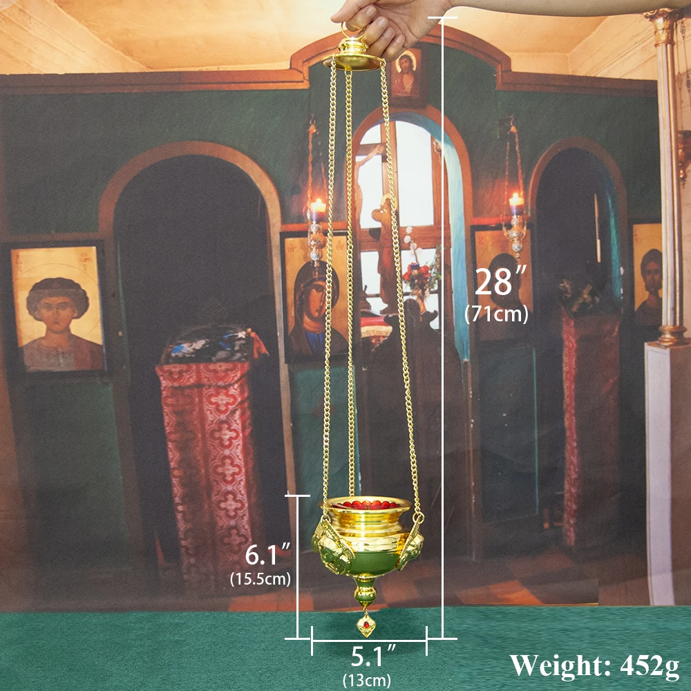 HTISOK Church Vigil Oil Lamp with Chain Zinc Alloy Hanging Oil Lamp Red Glass Cup Wick Stand Family Prayer Corner Ornament