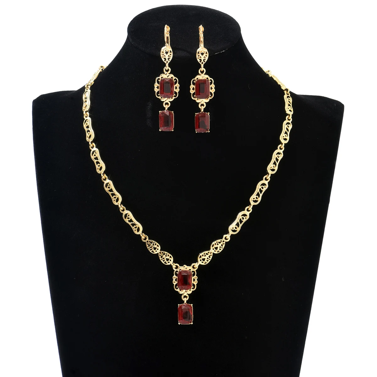 

Morocco Style Necklace Earring Set For Women Luxury Arabic Red Green Crystal Square Pendant Neck Bridal Jewelry