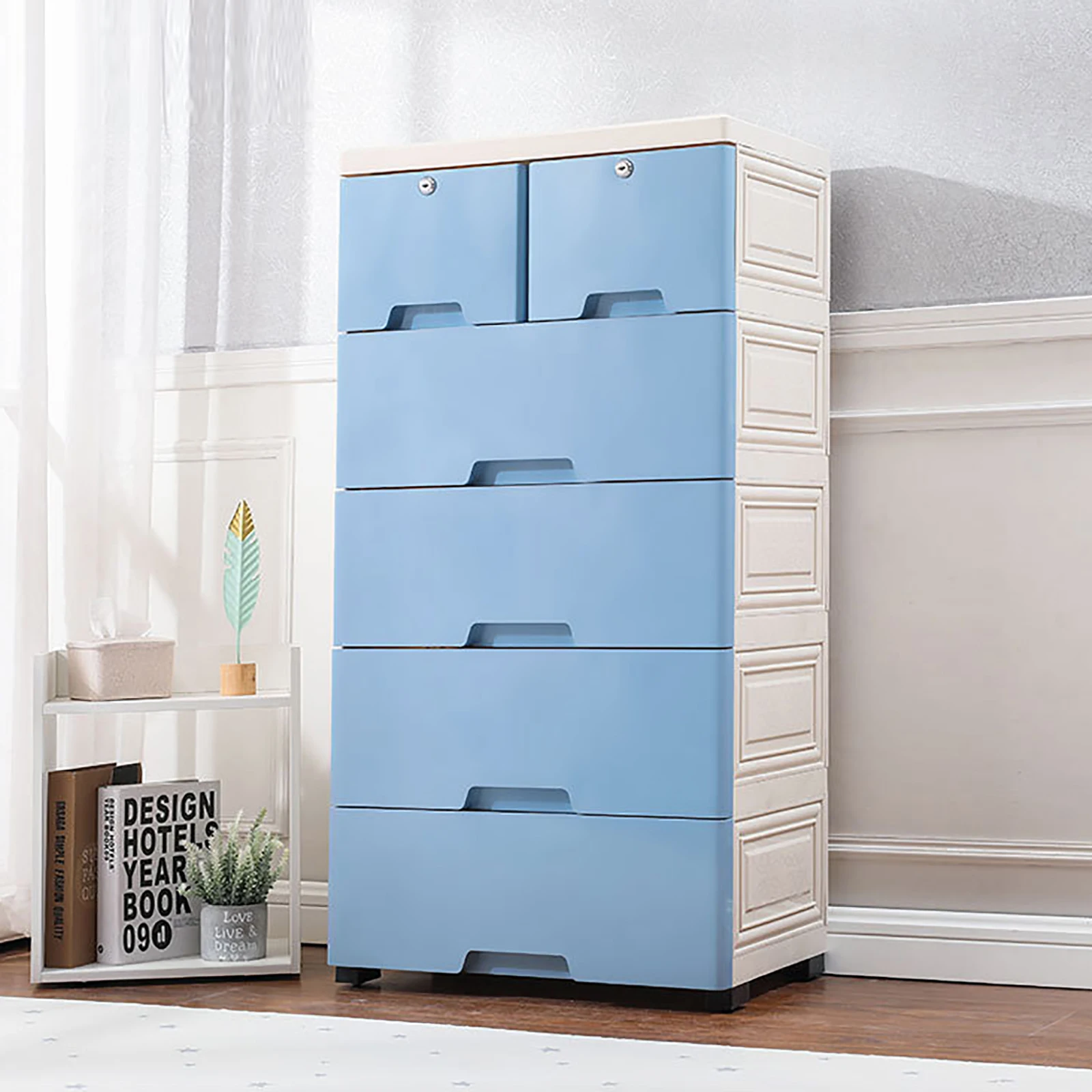 6 Drawers Plastic Storage Cabinet Chest Dresser Lockable Bedroom Clothes Closet Organizer Box Furniture with 4 Wheels(Pink/Blue)